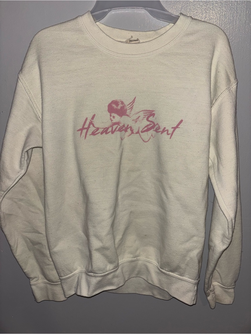 Urban Outfitters Cream Crewneck Sweatshirt with Pink Angel Graphic